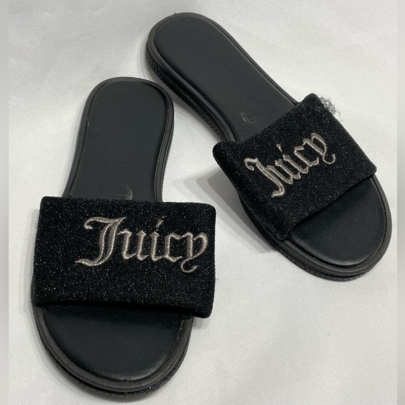 women’s size 7 Juicy Couture black fuzzy slides with gold embroidery, good cond - Picture 1 of 6